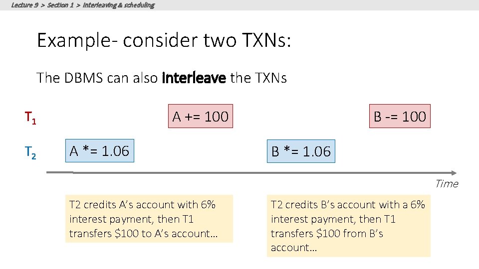 Lecture 9 > Section 1 > Interleaving & scheduling Example- consider two TXNs: The