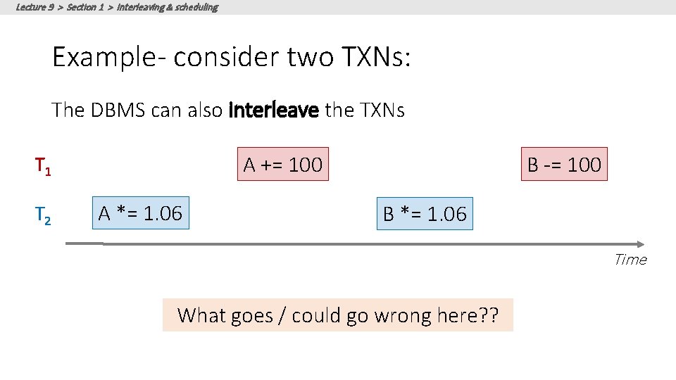 Lecture 9 > Section 1 > Interleaving & scheduling Example- consider two TXNs: The