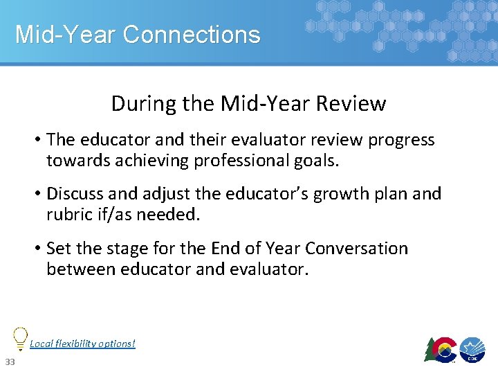 Mid-Year Connections During the Mid-Year Review • The educator and their evaluator review progress Mid-Year Connections During the Mid-Year Review • The educator and their evaluator review progress