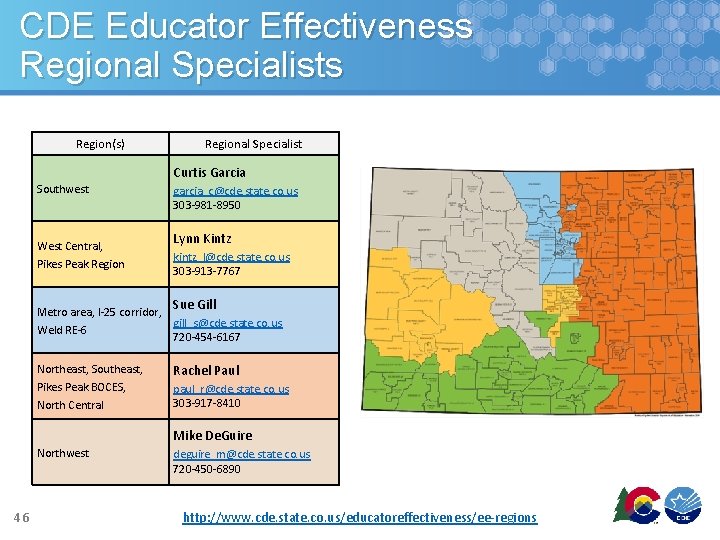 CDE Educator Effectiveness Regional Specialists Region(s) Regional Specialist Curtis Garcia Southwest West Central, Pikes CDE Educator Effectiveness Regional Specialists Region(s) Regional Specialist Curtis Garcia Southwest West Central, Pikes