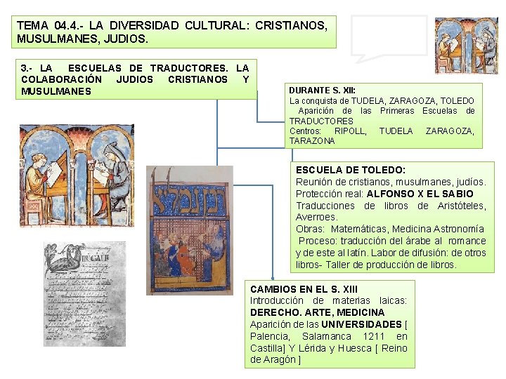 TEMA 04. 4. - LA DIVERSIDAD CULTURAL: CRISTIANOS, MUSULMANES, JUDIOS. 3. - LA ESCUELAS