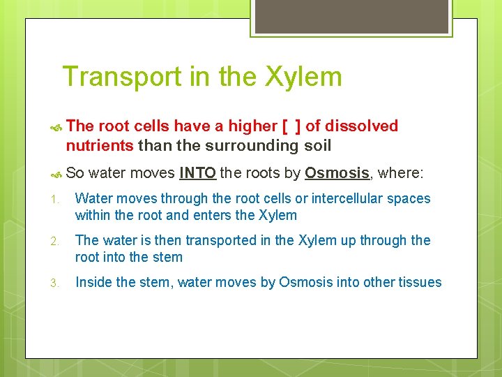 Transport in the Xylem The root cells have a higher [ ] of dissolved