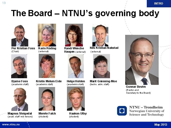 19 INTRO The Board – NTNU’s governing body Per Kristian Foss Karin Röding (Chair)