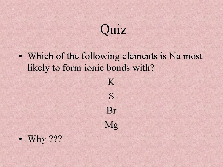 Quiz • Which of the following elements is Na most likely to form ionic