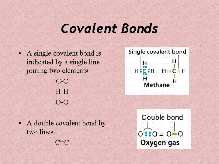 Covalent Bonds • A single covalent bond is indicated by a single line joining