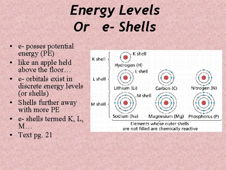 Energy Levels Or e- Shells • e- posses potential energy (PE) • like an