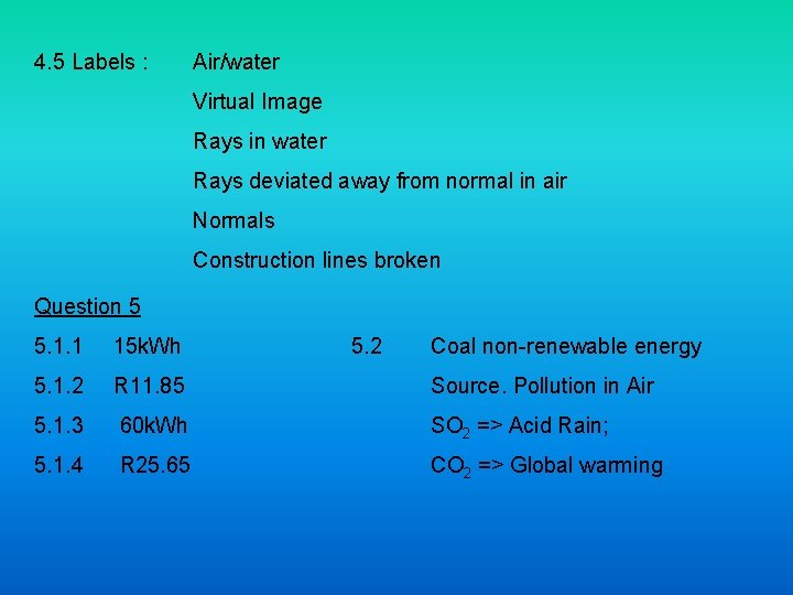 4. 5 Labels : Air/water Virtual Image Rays in water Rays deviated away from