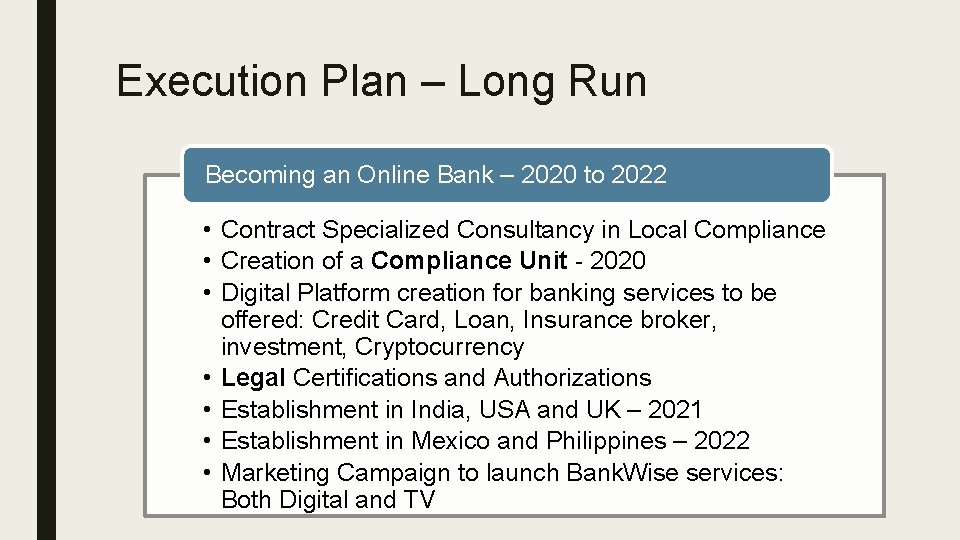 Execution Plan – Long Run Becoming an Online Bank – 2020 to 2022 •