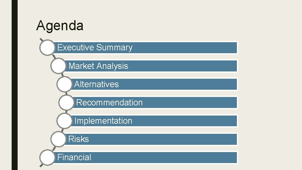 Agenda Executive Summary Market Analysis Alternatives Recommendation Implementation Risks Financial 