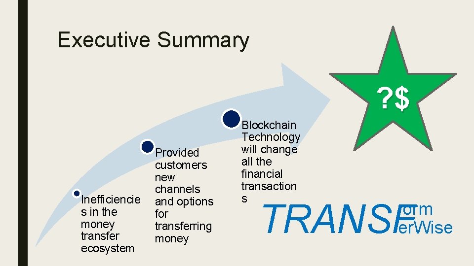 Executive Summary ? $ Inefficiencie s in the money transfer ecosystem Provided customers new