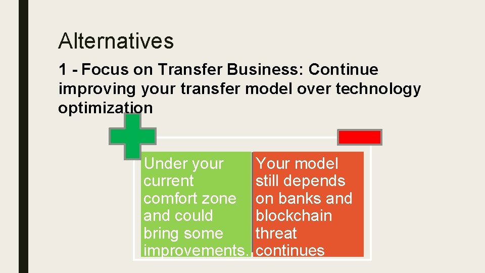 Alternatives 1 - Focus on Transfer Business: Continue improving your transfer model over technology
