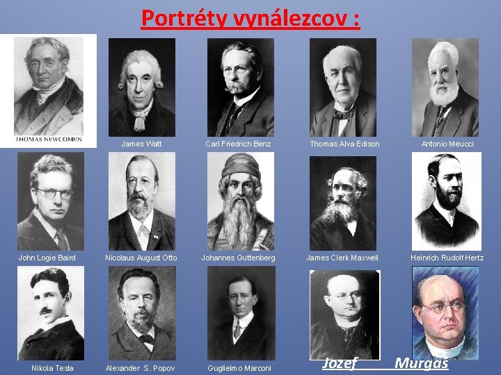 Portréty vynálezcov : James Watt Carl Friedrich Benz Thomas Alva Edison Antonio Meucci John