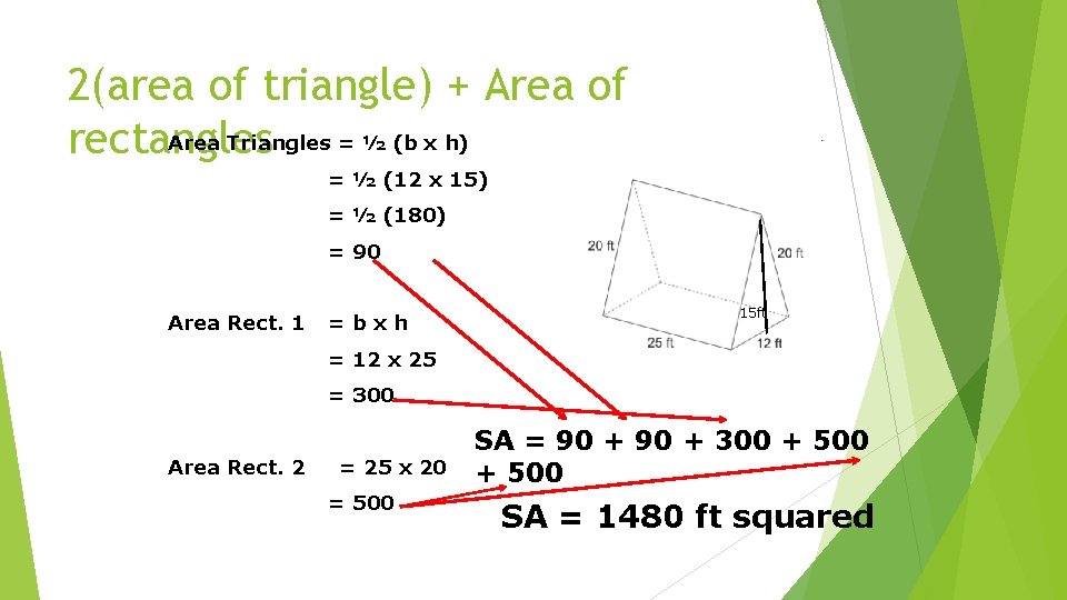 2(area of triangle) + Area of Area Triangles = ½ (b x h) rectangles