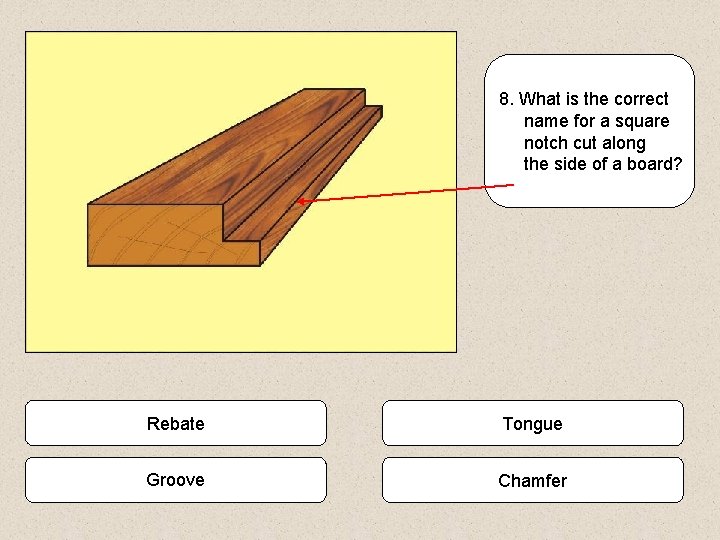 8. What is the correct name for a square notch cut along the side