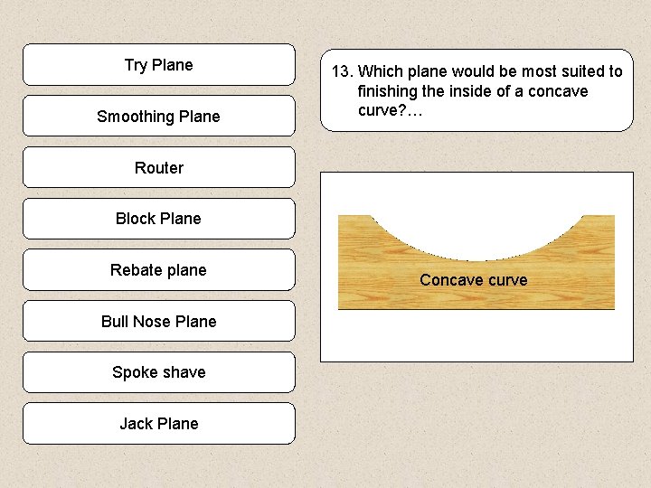 Try Plane Smoothing Plane 13. Which plane would be most suited to finishing the