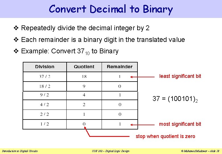 Convert Decimal to Binary v Repeatedly divide the decimal integer by 2 v Each