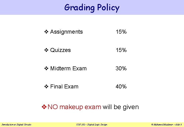 Grading Policy v Assignments 15% v Quizzes 15% v Midterm Exam 30% v Final