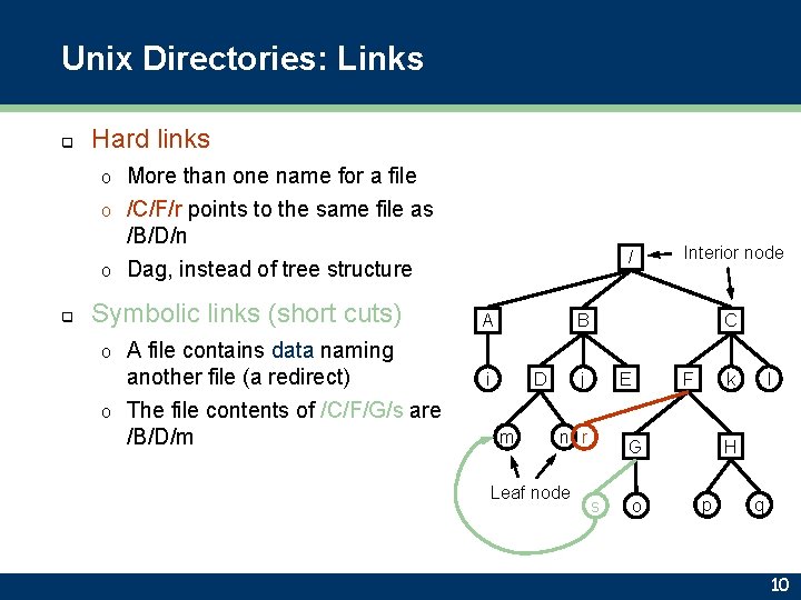 Unix Directories: Links q Hard links More than one name for a file o