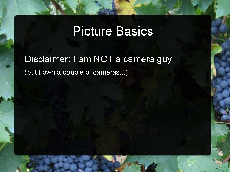 Picture Basics Disclaimer: I am NOT a camera guy (but I own a couple