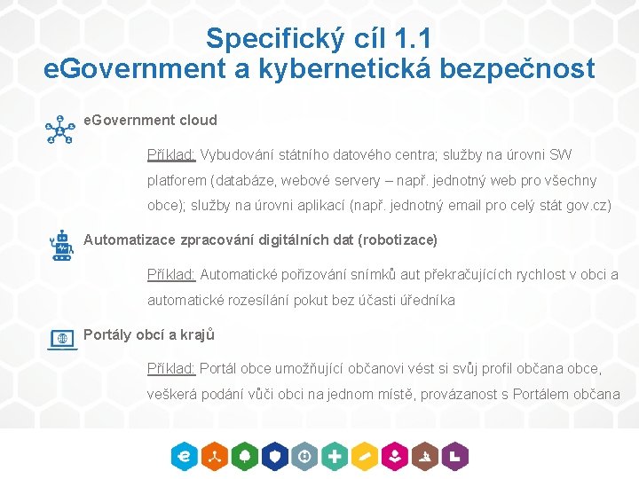 Specifický cíl 1. 1 e. Government a kybernetická bezpečnost e. Government cloud Příklad: Vybudování