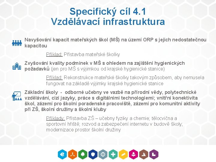 Specifický cíl 4. 1 Vzdělávací infrastruktura Navyšování kapacit mateřských škol (MŠ) na území ORP