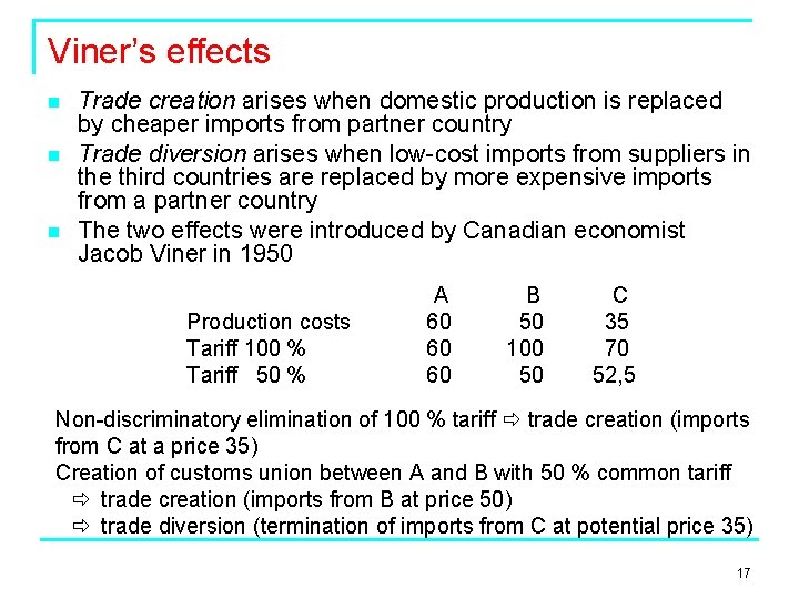 Viner’s effects n n n Trade creation arises when domestic production is replaced by