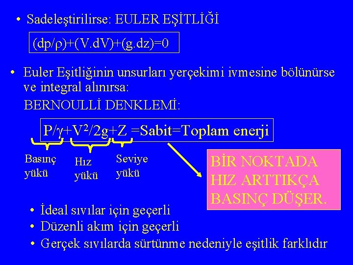  • Sadeleştirilirse: EULER EŞİTLİĞİ (dp/ )+(V. d. V)+(g. dz)=0 • Euler Eşitliğinin unsurları