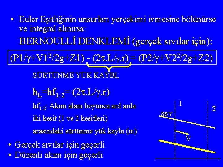  • Euler Eşitliğinin unsurları yerçekimi ivmesine bölünürse ve integral alınırsa: BERNOULLİ DENKLEMİ (gerçek