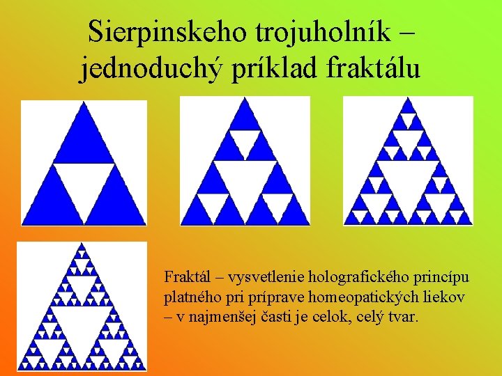 Sierpinskeho trojuholník – jednoduchý príklad fraktálu Fraktál – vysvetlenie holografického princípu platného pri príprave