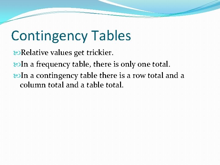 Contingency Tables Relative values get trickier. In a frequency table, there is only one