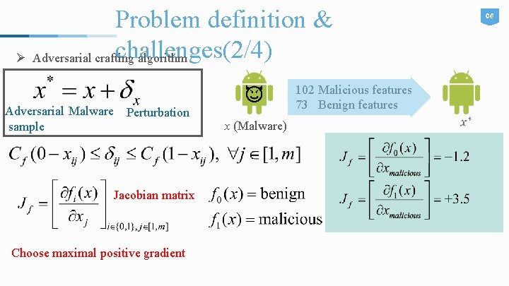 Problem definition & challenges(2/4) Ø Adversarial crafting algorithm Adversarial Malware sample Perturbation Jacobian matrix