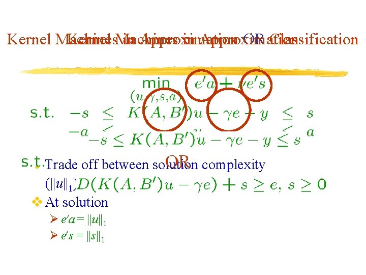 Kernel Machines in Approximation OR Classification OR complexity v Trade off between solution (||u||1) Kernel Machines in Approximation OR Classification OR complexity v Trade off between solution (||u||1)