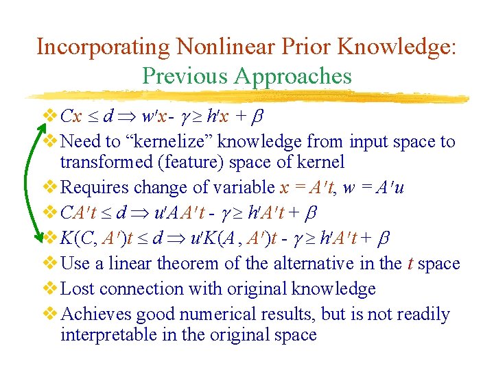 Incorporating Nonlinear Prior Knowledge: Previous Approaches v Cx d w 0 x- h 0 Incorporating Nonlinear Prior Knowledge: Previous Approaches v Cx d w 0 x- h 0