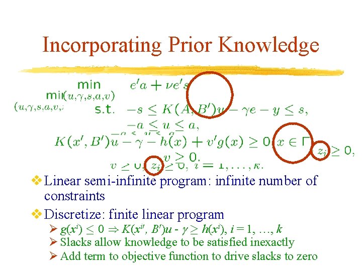Incorporating Prior Knowledge v Linear semi-infinite program: infinite number of constraints v Discretize: finite Incorporating Prior Knowledge v Linear semi-infinite program: infinite number of constraints v Discretize: finite