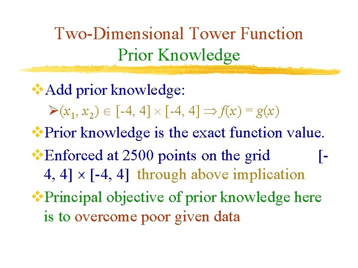 Two-Dimensional Tower Function Prior Knowledge v. Add prior knowledge: Ø(x 1, x 2) [-4, Two-Dimensional Tower Function Prior Knowledge v. Add prior knowledge: Ø(x 1, x 2) [-4,