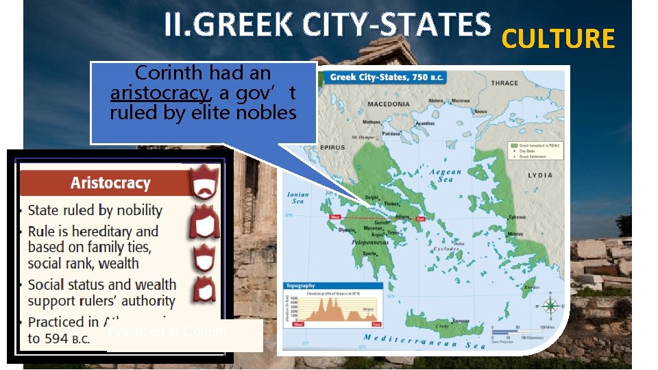 II. GREEK CITY-STATES CULTURE Corinth had an aristocracy, a gov’t ruled by elite nobles