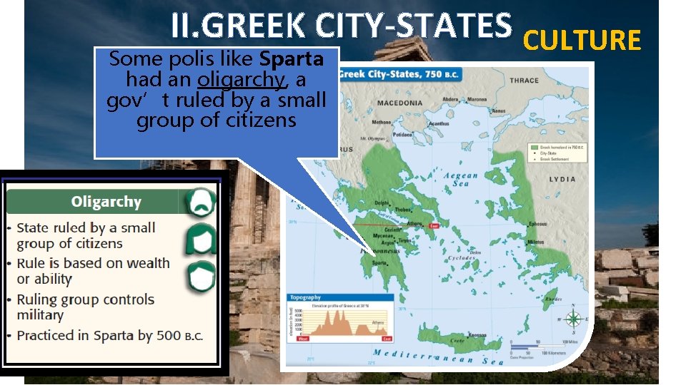 II. GREEK CITY-STATES CULTURE Some polis like Sparta had an oligarchy, a gov’t ruled