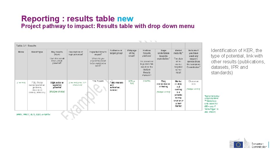 Reporting : results table new Project pathway to impact: Results table with drop down