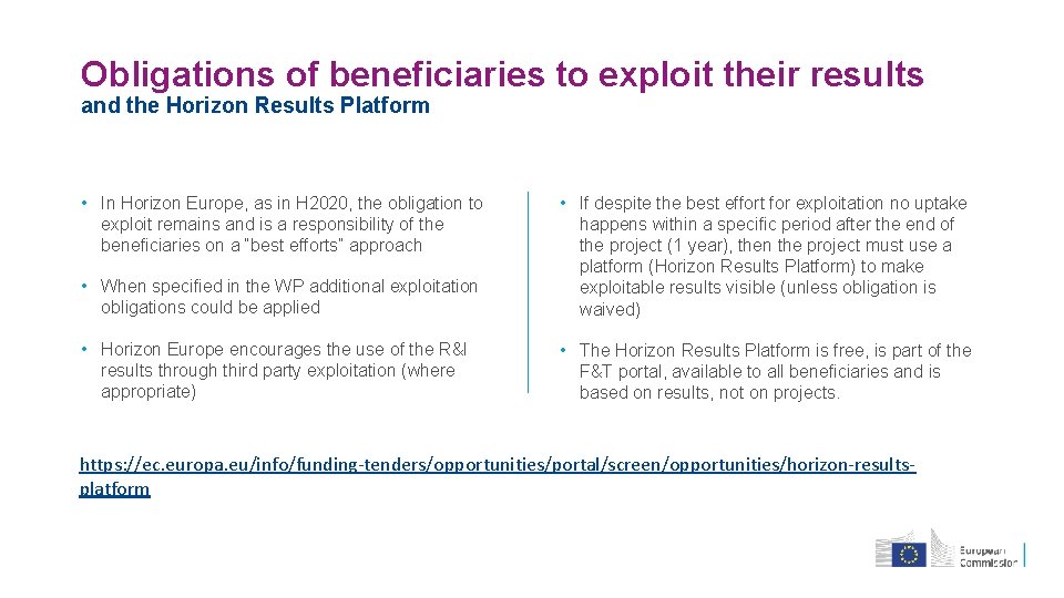 Obligations of beneficiaries to exploit their results and the Horizon Results Platform • When