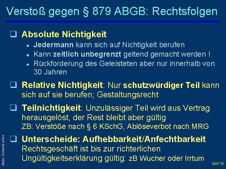 Verstoß gegen § 879 ABGB: Rechtsfolgen q Absolute Nichtigkeit l l l Jedermann kann