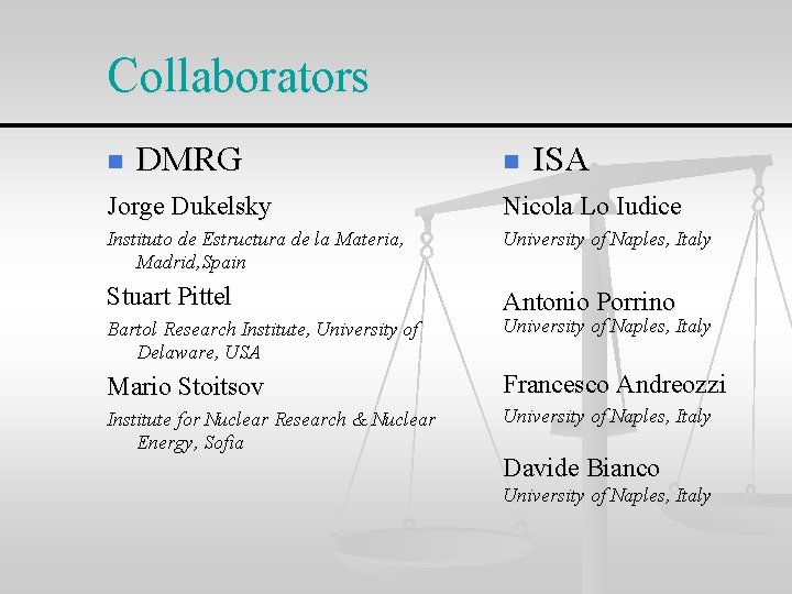Collaborators n DMRG n ISA Jorge Dukelsky Nicola Lo Iudice Instituto de Estructura de