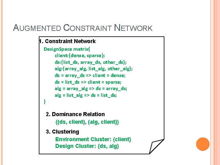 AUGMENTED CONSTRAINT NETWORK 1. Constraint Network Design. Space matrix{ client: {dense, sparse}; ds: {list_ds, AUGMENTED CONSTRAINT NETWORK 1. Constraint Network Design. Space matrix{ client: {dense, sparse}; ds: {list_ds,