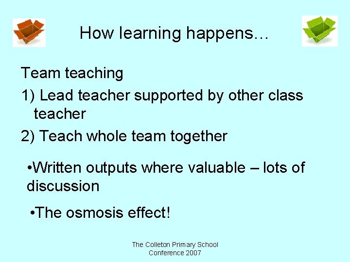 How learning happens… Team teaching 1) Lead teacher supported by other class teacher 2)