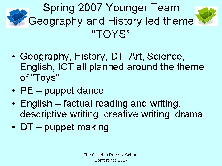 Spring 2007 Younger Team Geography and History led theme “TOYS” • Geography, History, DT,