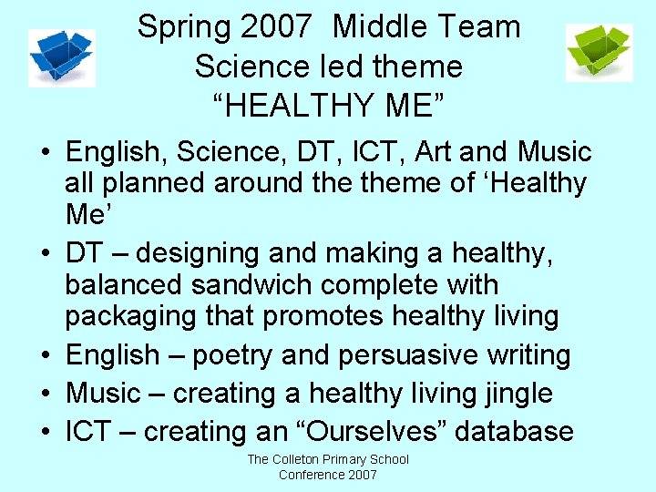 Spring 2007 Middle Team Science led theme “HEALTHY ME” • English, Science, DT, ICT,