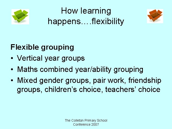 How learning happens…. flexibility Flexible grouping • Vertical year groups • Maths combined year/ability