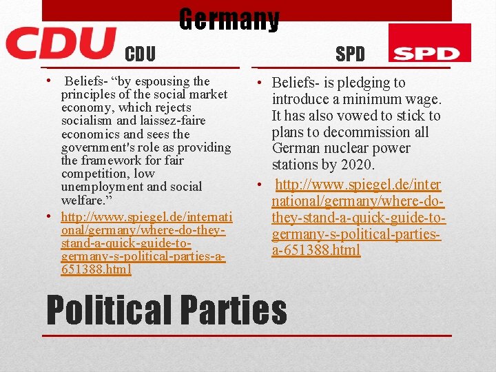 Germany CDU SPD • Beliefs- “by espousing the principles of the social market economy,