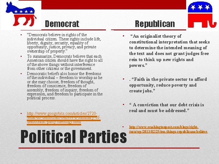 Democrat • • “Democrats believe in rights of the individual citizen. These rights include