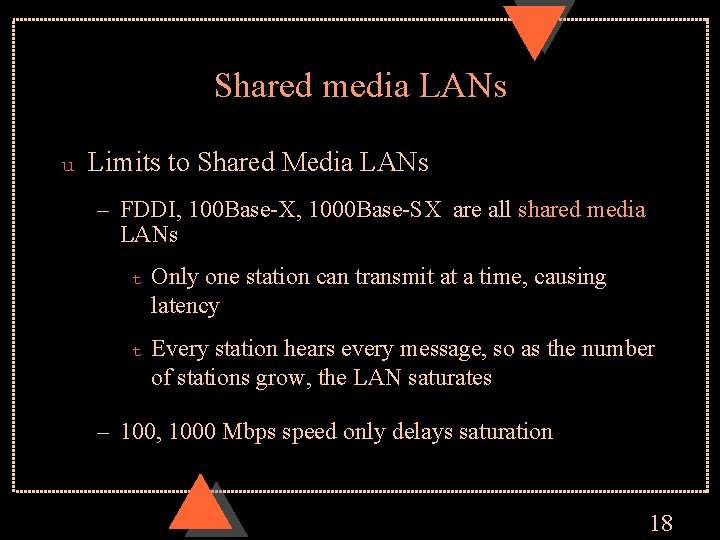 Shared media LANs u Limits to Shared Media LANs – FDDI, 100 Base-X, 1000
