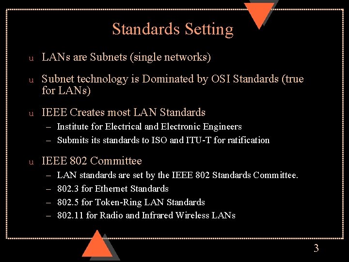 Standards Setting u LANs are Subnets (single networks) u Subnet technology is Dominated by